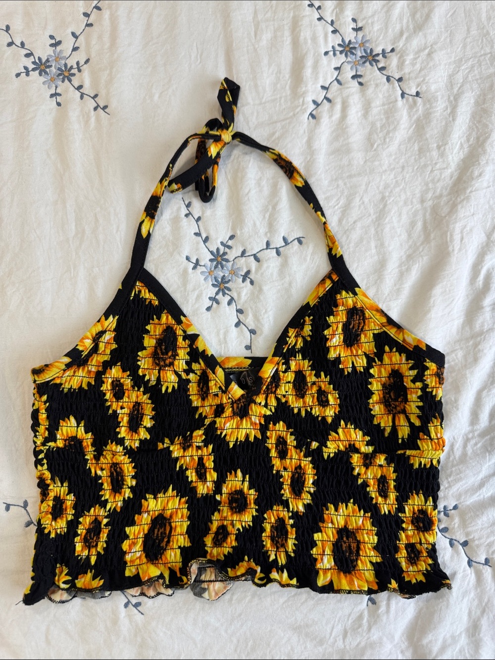 Sunflower Halter Smocked Crop Top - Black & Yellow